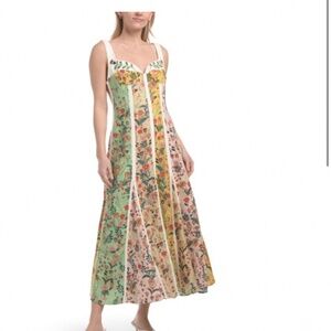 Christian Lacroix Floral Patchwork Linen Corset Midi Dress NWT US 6